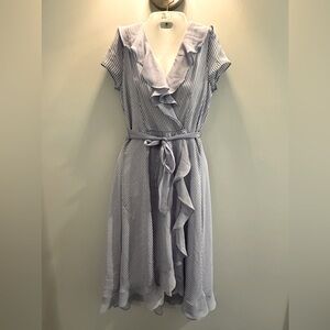 Julian Taylor Faux wrap ruffle belted cap sleeve blue and white stripe d…